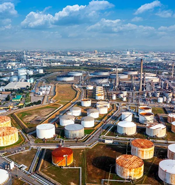 Petrochemical industrial plant with storage tanks